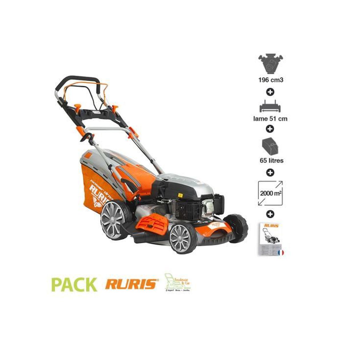 Petrol lawn mower mulching 5 en 1 5,7 cv 196 cm³ lame 51 cm Ruris RX400s
